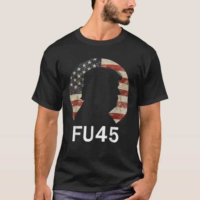 Trump FU45 Silhouette Vintage amerikanische Flagge T-Shirt (Vorderseite)