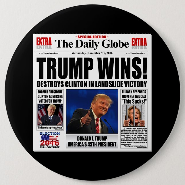 Trump gewinnt! Funny Anti Clinton Newspaper Satire Button (Vorderseite)