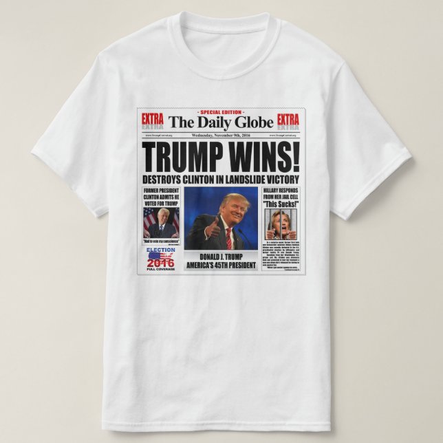 Trump gewinnt! Funny Anti Clinton Newspaper Satire T-Shirt (Design vorne)