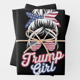 Trump Girl Messy Bun Vintag amerikanische Flagge Geschenkpapier Set