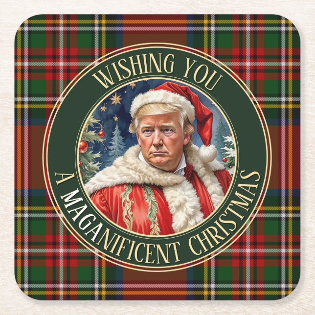 Trump MAGA Christmas Royal Stewart Tartan Kariert Rechteckiger Pappuntersetzer (Vorderseite)
