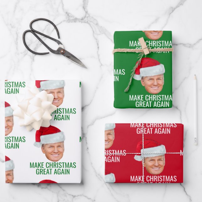 Trump mit Weihnachtsmannmütze - Weihnachten wieder Geschenkpapier Set (Vorderseite)