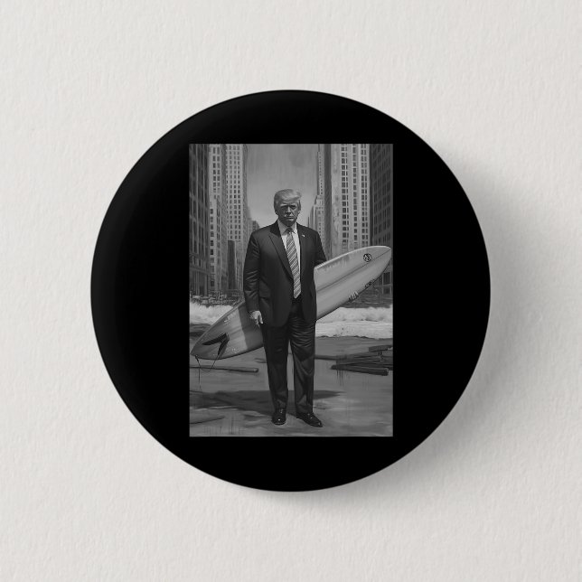 Trump surft durch Stadtlandschaft Lustiger Donald  Button (Vorderseite)