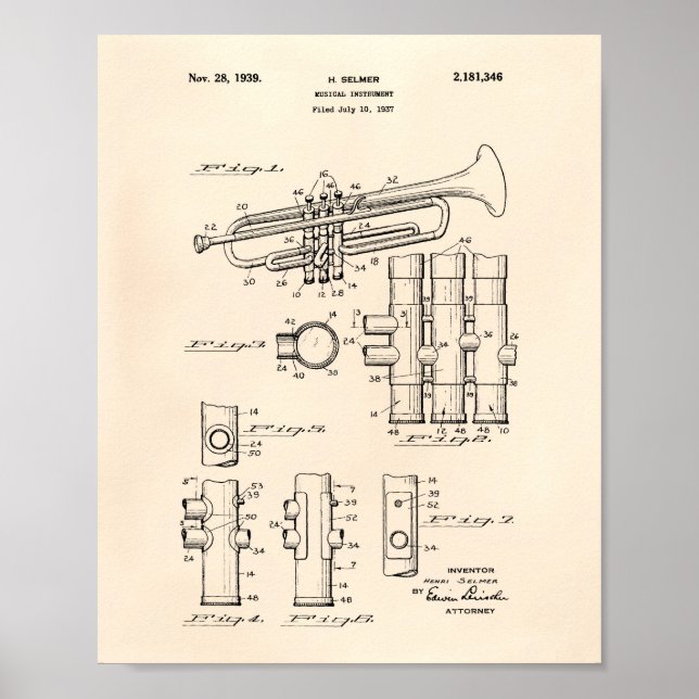 Trumpet 1939 Patent Art Old Peper Poster (Vorne)
