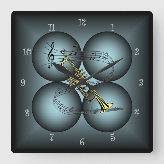 Trumpet ~ 4 Globe ~ Musical Clock ~Musical Scale ~ Quadratische Wanduhr (Vorderseite)