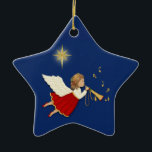 Trumpet Angel Keramikornament<br><div class="desc">Nachthimmel mit Sternen im Hintergrund. Engel mit goldener Trompete und Musiknoten</div>
