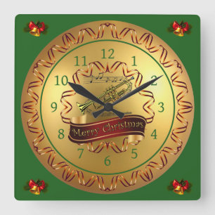 Trumpet - Musical Scroll - Merry Christmas Quadratische Wanduhr