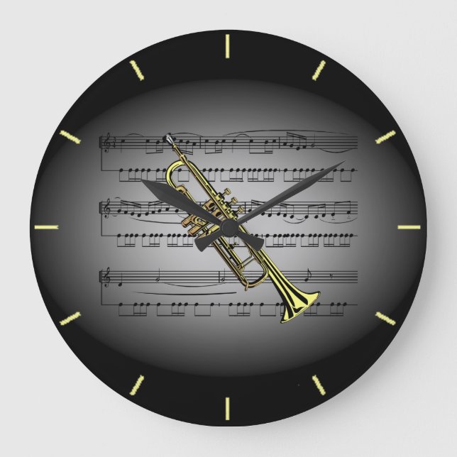 Trumpet ~Sheet Music ~ Black Gray Background Große Wanduhr (Vorderseite)