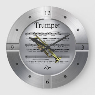 Trumpet - Sheet Music - Brushed Silver Color - Große Wanduhr