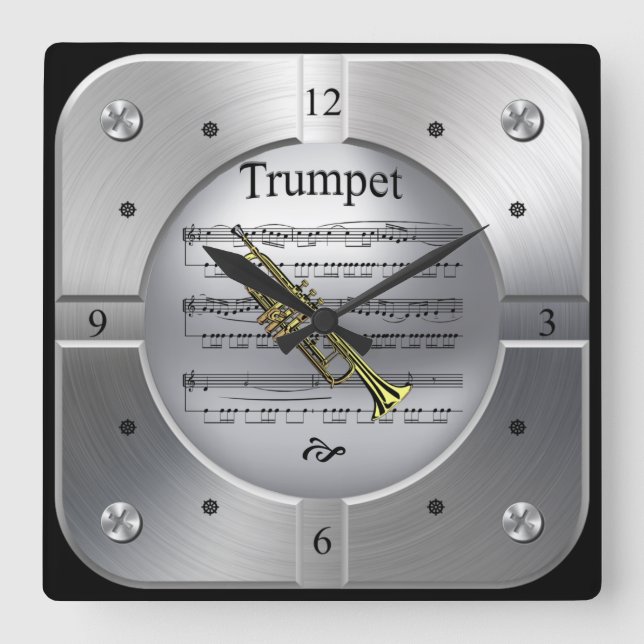 Trumpet - Sheet Music - Brushed Silver Color - Quadratische Wanduhr (Vorderseite)