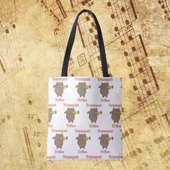 Trumpet Tribe Brown Cat Pattern (A tote bag with a pattern of a cat playing the trumpet and the words trumpet tribe in pink.)