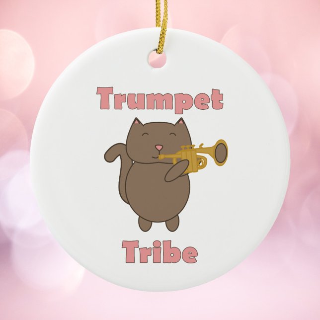Trumpet Tribe Brown Cat Pink Keramik Ornament (An ornament featuring a brown cat playing the trumpet and the words trumpet tribe.)