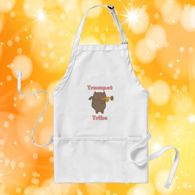 Trumpet Tribe Brown Cat Pink Schürze (An apron featuring a brown cat playing the trumpet and the text trumpet tribe)