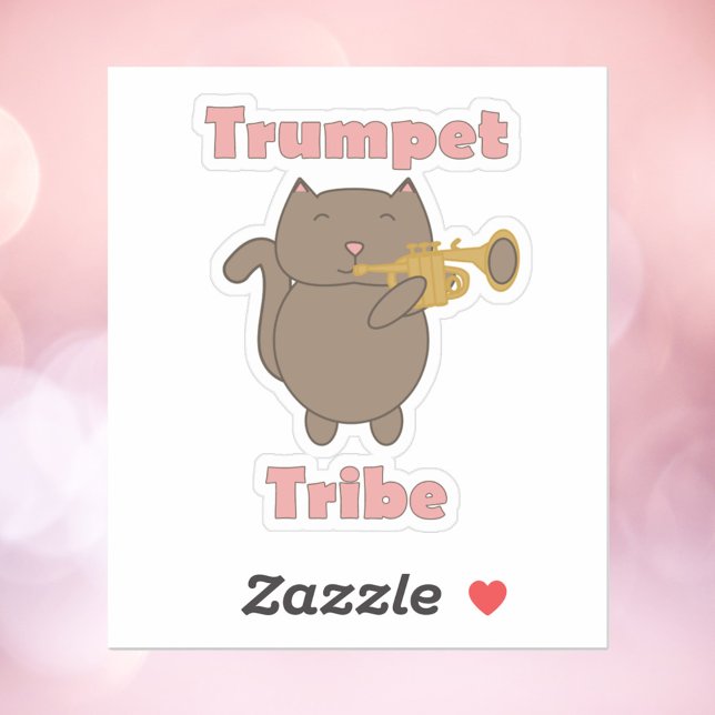 Trumpet Tribe Cat Music Aufkleber (A sticker with a cute brown cat playing the trumpet and the words trumpet tribe in pink.)