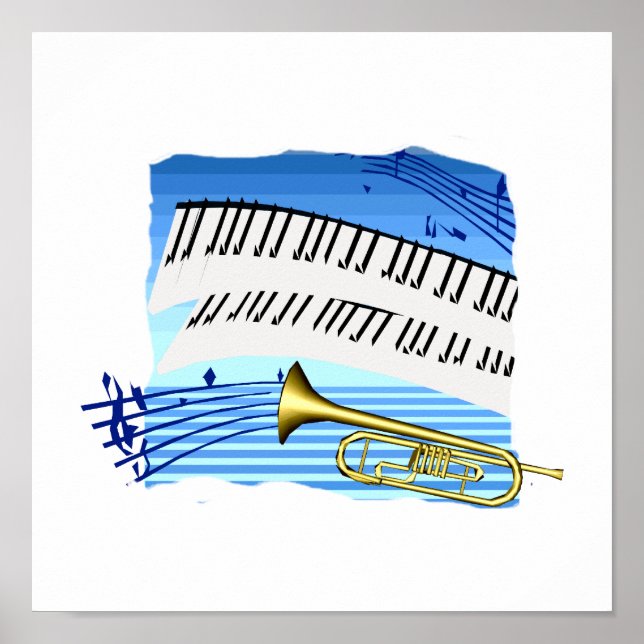 Trumpet und Tastatur, blaues Thema, grafische Musi Poster (Vorne)