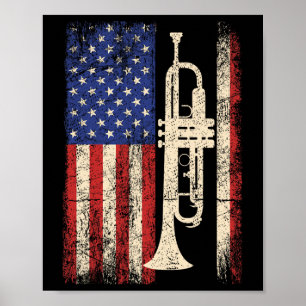 Trumpet USA American Flag Shirt Jazz Music Vintag Poster