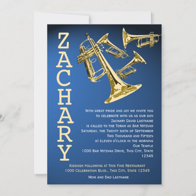 Trumpets Music Blue Gold Bar Mitzvah Einladung (Vorderseite)