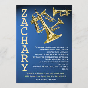 Trumpets Music Blue Gold Bar Mitzvah Einladung