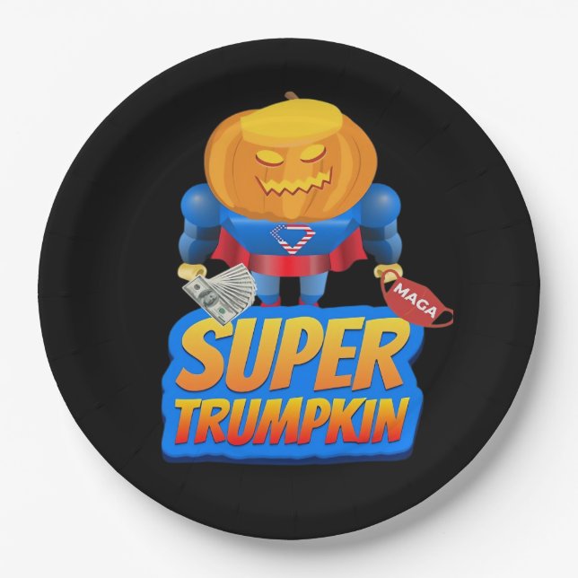 Trumpkin Funny Pumpkin Head Halloween Costume Clas Pappteller (Vorderseite)