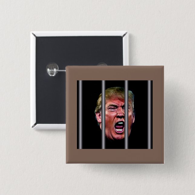 Trumps glänzender Kopf hinter Gefängnisbars Button (Vorne & Hinten)