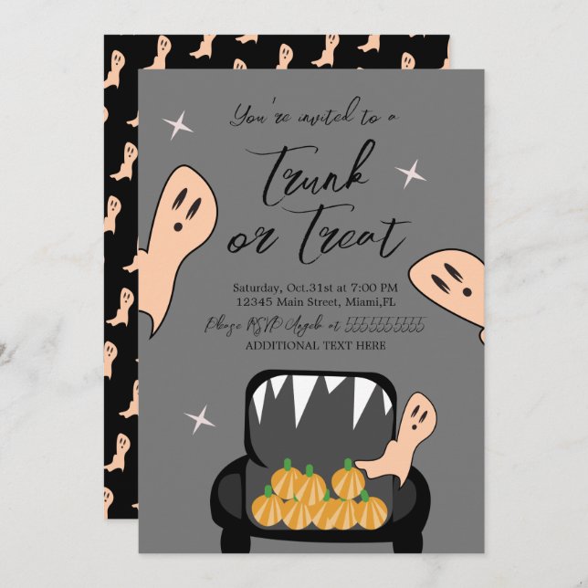 Trunk eine Leckerei Halloween Ghost Gray Einladung (Vorne/Hinten)
