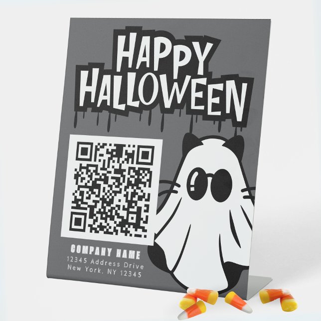 Trunk oder Leckerei Coole Geister Unternehmen Dank Sockelschild (Cool Ghost Trunk or Treat Standing Business QR Code Display Sign in Grey, Black & White)