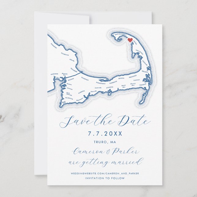 Truro MA Cape Cod Map Navy Blue Wedding Save The Date (Vorderseite)