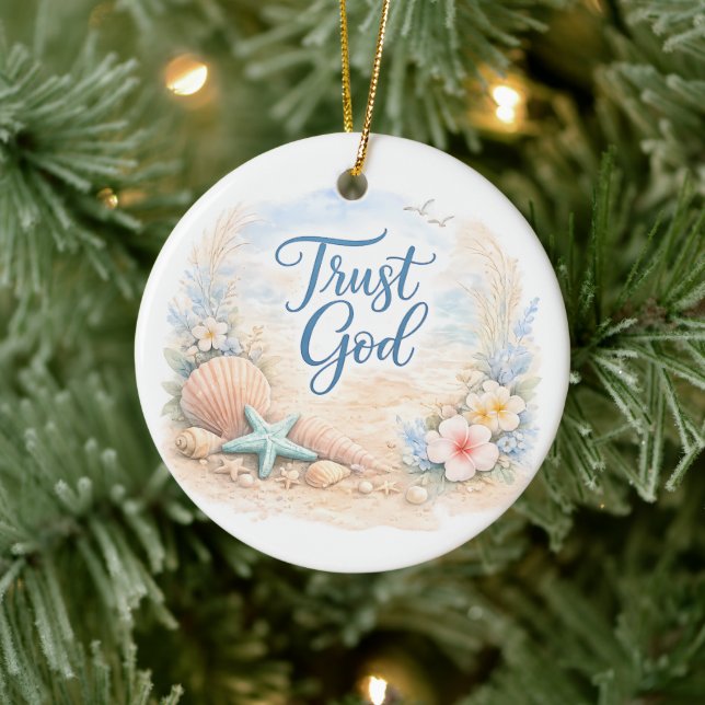 "Trust God" Coastal Beach Watercolor Christian Keramik Ornament (Baum)