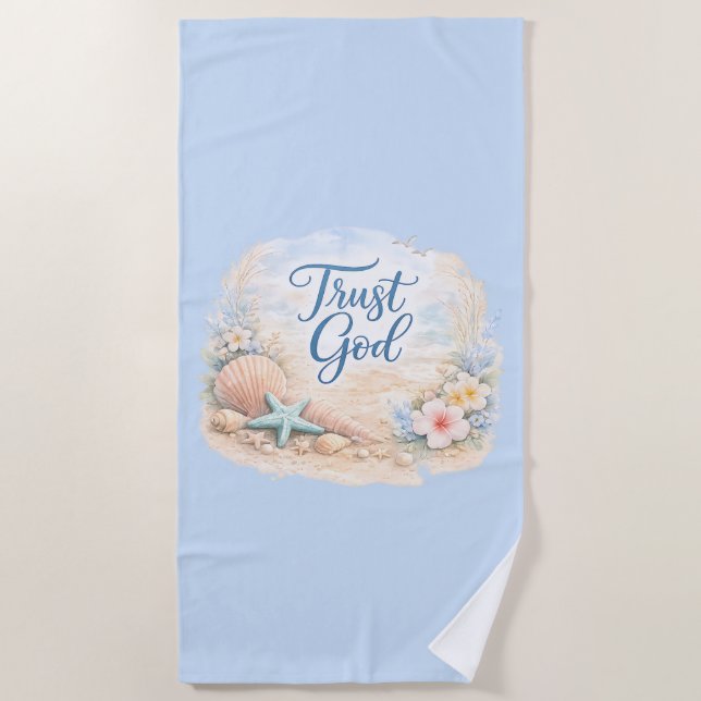"Trust God" Coastal Beach Watercolor Christian Strandtuch (Vorderseite)
