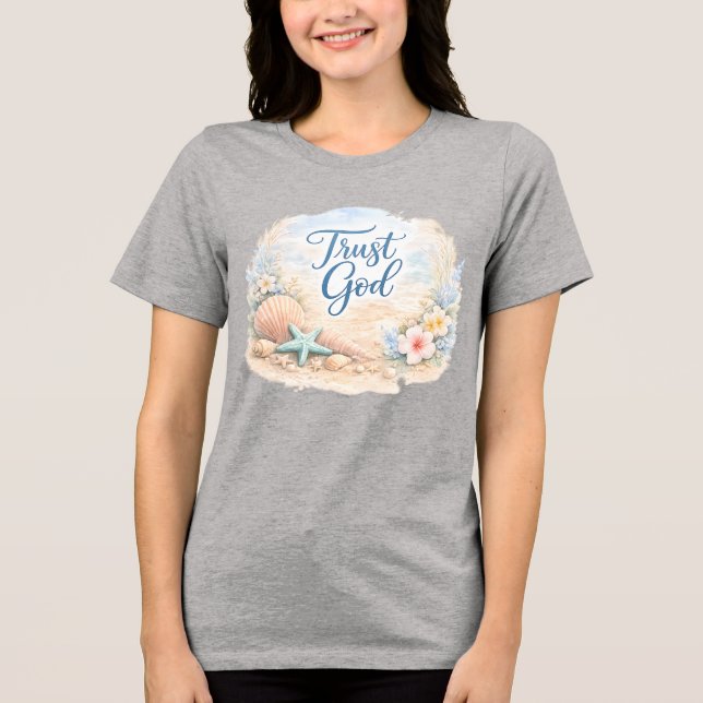 "Trust God" Coastal Beach Watercolor Christian Tri-Blend Shirt (Vorderseite)