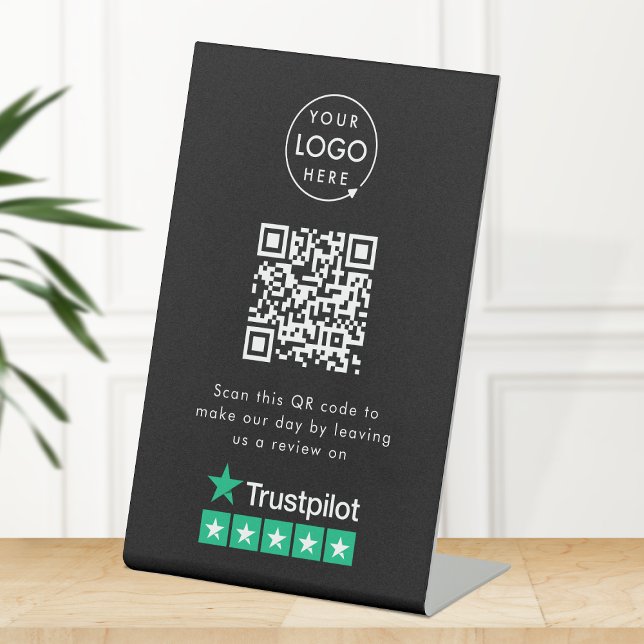 Trustpilot überprüft den QR-Code für schwarze Unte Sockelschild (Gain Trustpilot reviews & grow your business with this rating request editable tabletop sign.)