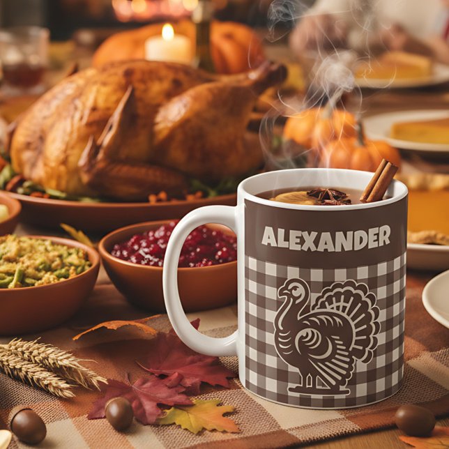 Truthahn im braun-beigen Karo-Design mit Namen Kaffeetasse (Von Creator hochgeladen)