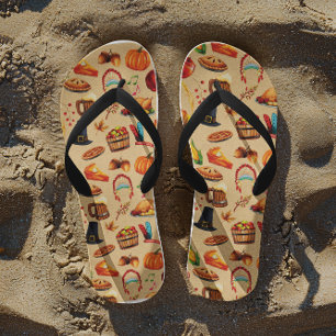 Truthahn-Kürbis-Apfelkuchen-Muster zum Erntedankfe Flip Flops