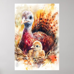Truthahn-Mama und Baby-Wasserfarben-Kinderzimmer-D Poster