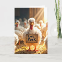 Truthahn mit "Schweinefleisch essen"-Schild