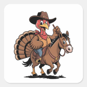 Truthahn reitet auf einem Pferd Cowboy Truthahn Er Quadratischer Aufkleber