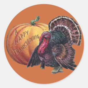Truthahn und Kürbis vintage Thanksgiving Runder Aufkleber
