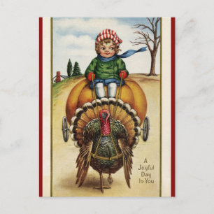 Truthahn zieht Kind auf Kürbiskarren Thanksgiving Postkarte