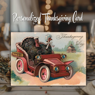 Truthähne fahren in einem alten Thanksgiving-Auto Karte