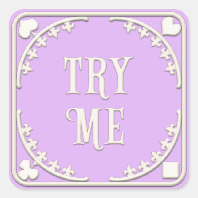 "Try Me" Wunderland Tea Party Elegantes Lila Quadratischer Aufkleber (Vorderseite)