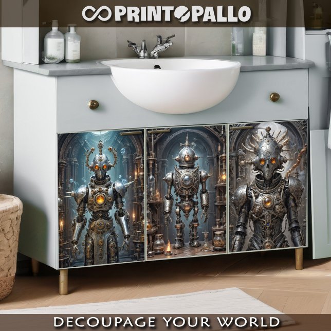 Tryptische Retrofuturistische Steampunkroboter Geschenkpapier Set (Von Creator hochgeladen)