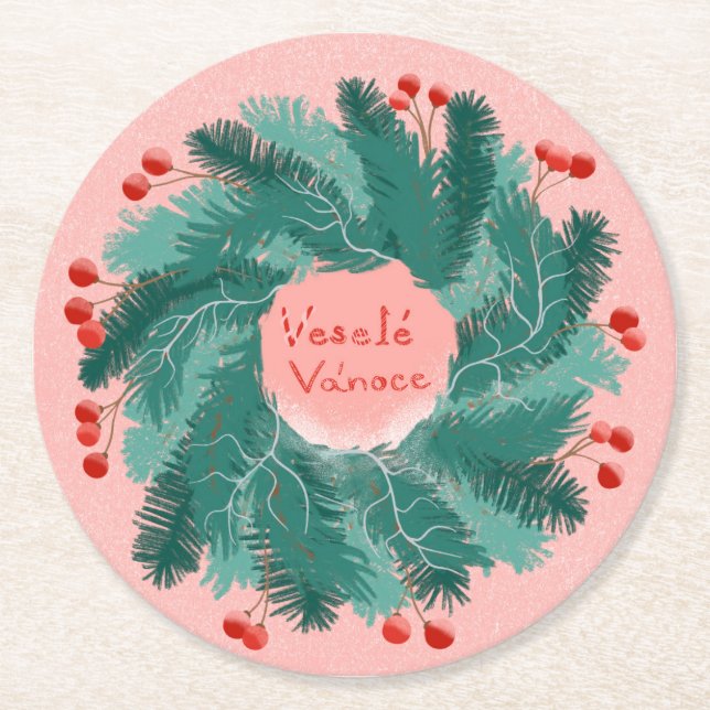 Tschechisch Frohe Weihnachtskranz Runder Pappuntersetzer (Vorderseite)