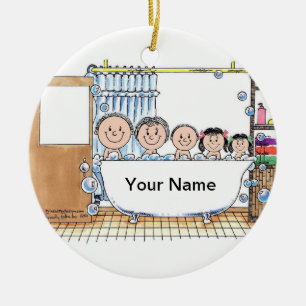 Tub Time, zwei Mädchen, ein Junge Keramik Ornament