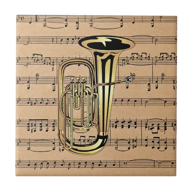 Tuba ~ Mit Notenblatt-Hintergrund Fliese (Vorderseite)