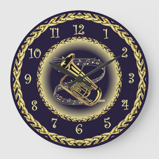 Tuba Musical Scroll ~ Gold und Navy Blue ~ Große Wanduhr (Vorderseite)