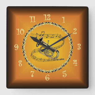 Tuba On Musical Scroll & Russet Orange ~ Quadratische Wanduhr