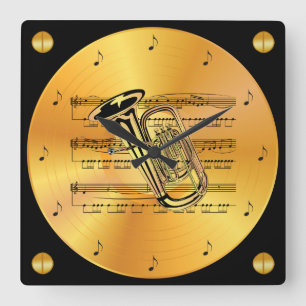 Tuba ~ Sheet Music ~ Gold Record ~ Quadratische Wanduhr