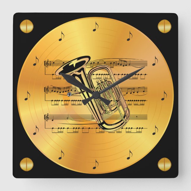 Tuba ~ Sheet Music ~ Gold Record ~ Quadratische Wanduhr (Vorderseite)