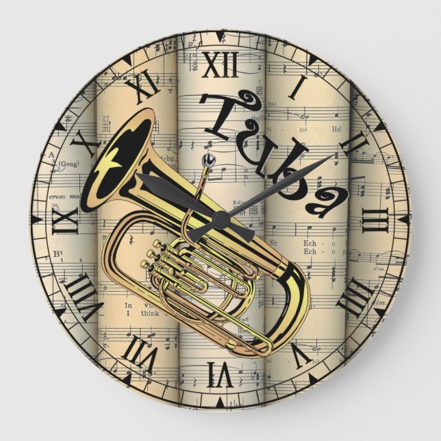 Tuba ~ Vintage Noten in Rollen ~ Unique ~ Große Wanduhr (Vorderseite)