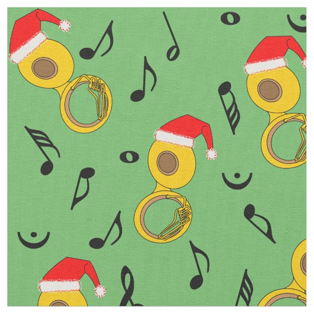 Tuba Weihnachtsmannmütze Musiknotens Pattern Stoff (Nahaufnahme)